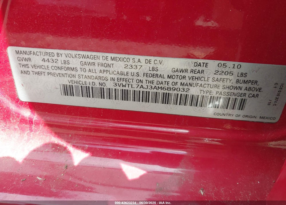 2010 VOLKSWAGEN JETTA VIN: 3VWTL7AJ3AM689032