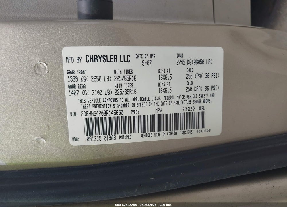 2008 DODGE GRAND CARAVAN SXT VIN: 2D8HN54P08R145650