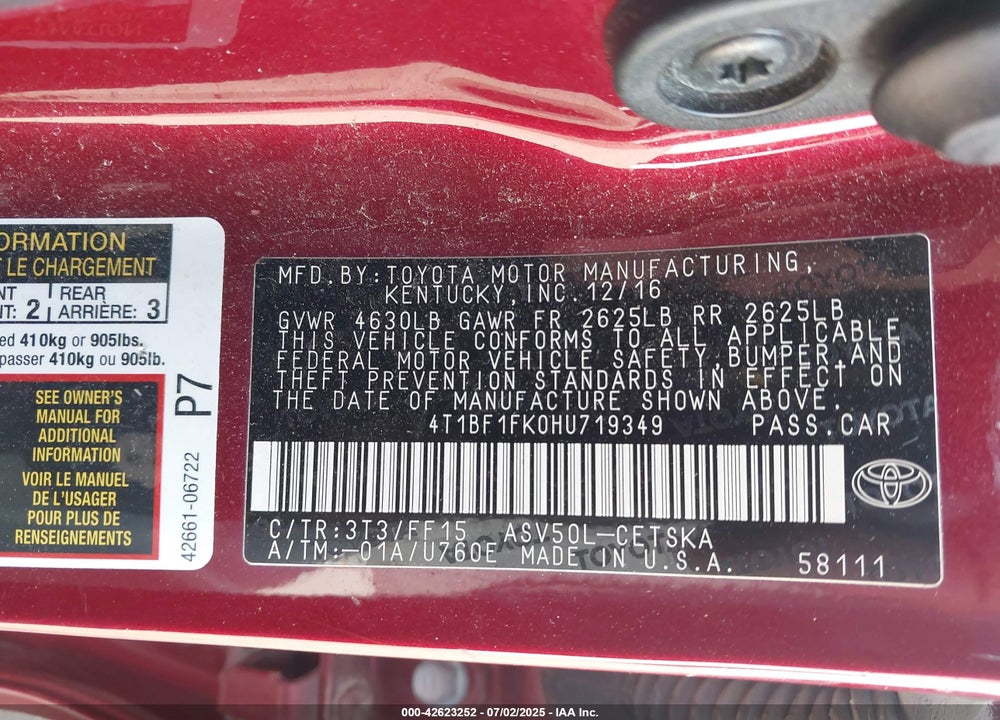 2017 TOYOTA CAMRY LE/SE/XLE/XSE VIN: 4T1BF1FK0HU719349