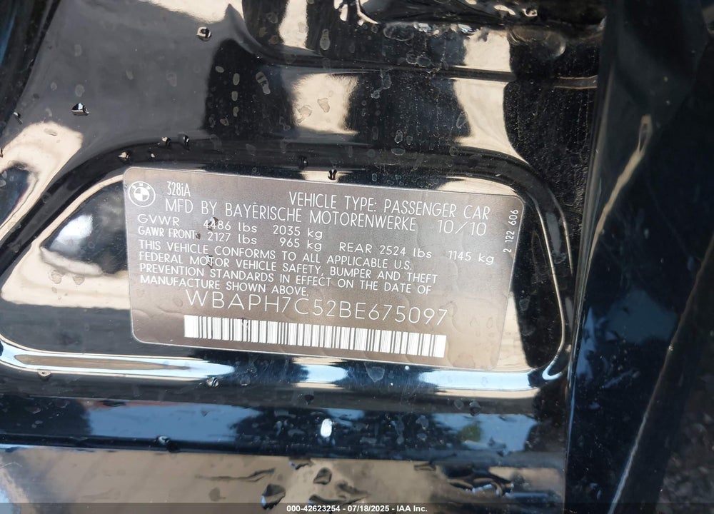 2011 BMW 3 SERIES VIN: WBAPH7C52BE675097