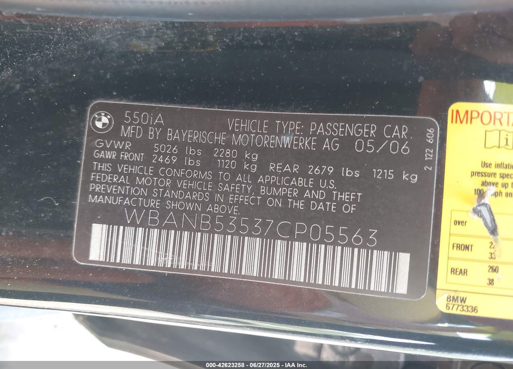 2007 BMW 550I VIN: WBANB53537CP05563