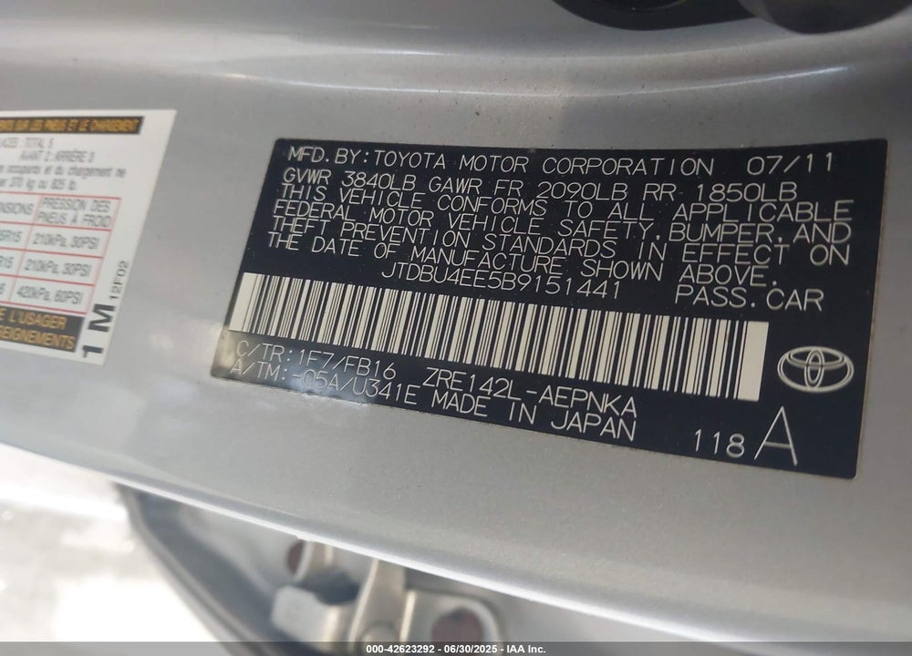 2011 TOYOTA COROLLA VIN: JTDBU4EE5B9151441