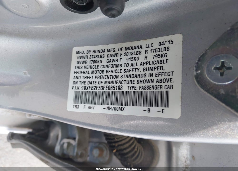 2015 HONDA CIVIC VIN: 19XFB2F53FE065198