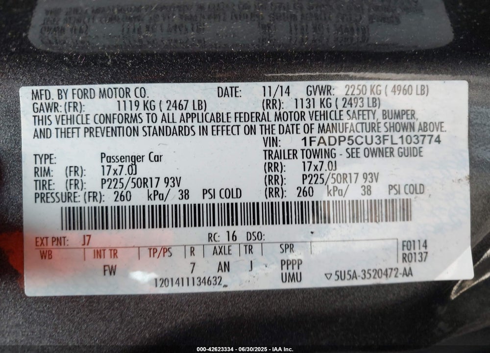 2015 FORD C-MAX VIN: 1FADP5CU3FL103774