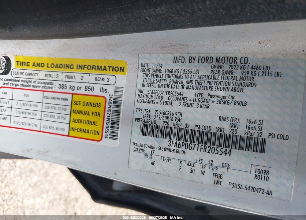 2015 FORD FUSION VIN: 3FA6P0G71FR205544