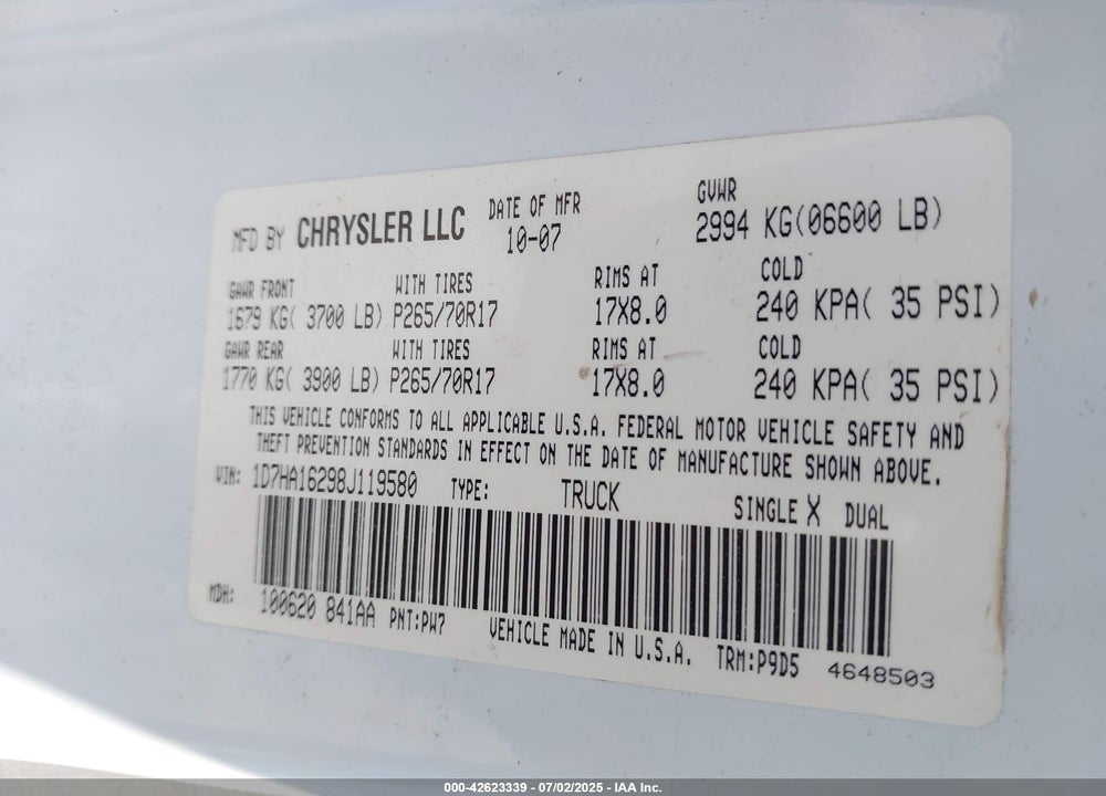 2008 DODGE RAM 1500 VIN: 1D7HA16298J119580