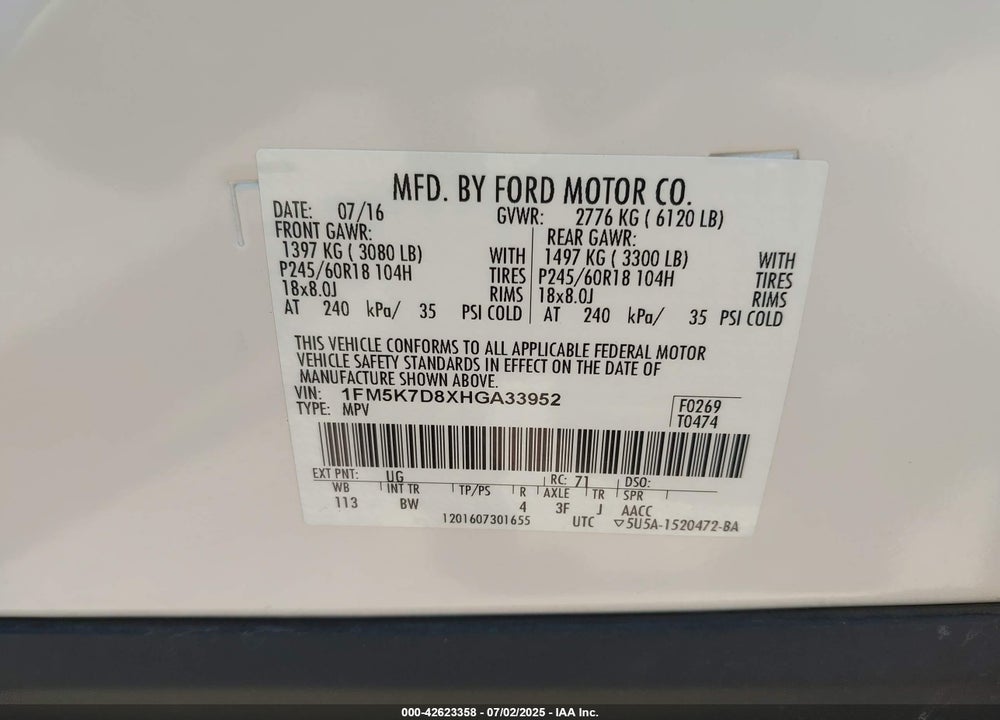 2017 FORD EXPLORER VIN: 1FM5K7D8XHGA33952