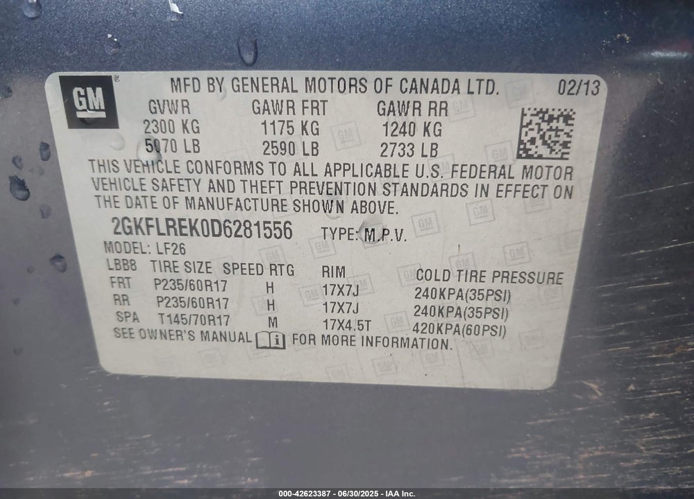 2013 GMC TERRAIN VIN: 2GKFLREK0D6281556