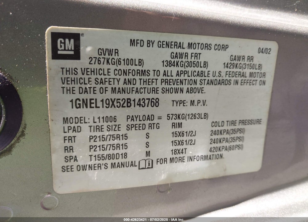 2002 CHEVROLET ASTRO LS VIN: 1GNEL19X52B143768