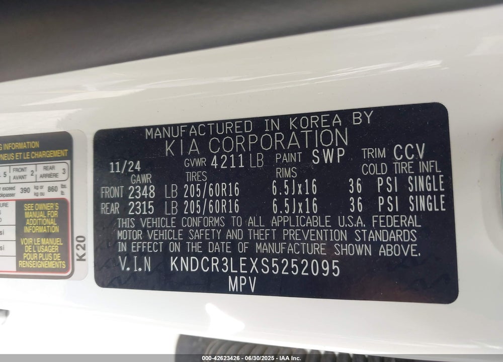 2025 KIA NIRO VIN: KNDCR3LEXS5252095
