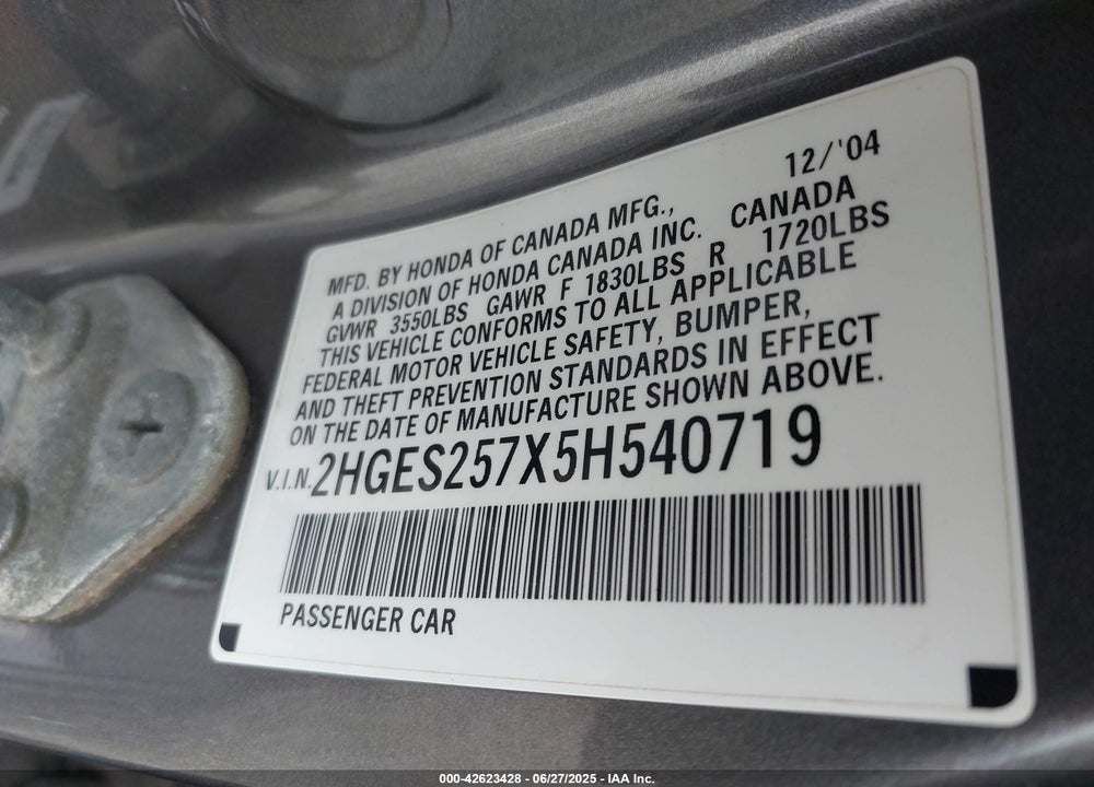 2005 HONDA CIVIC EX VIN: 2HGES257X5H540719