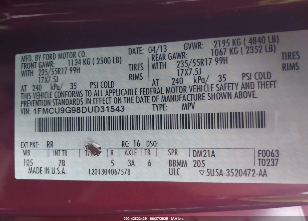 2013 FORD ESCAPE VIN: 1FMCU9G98DUD31543