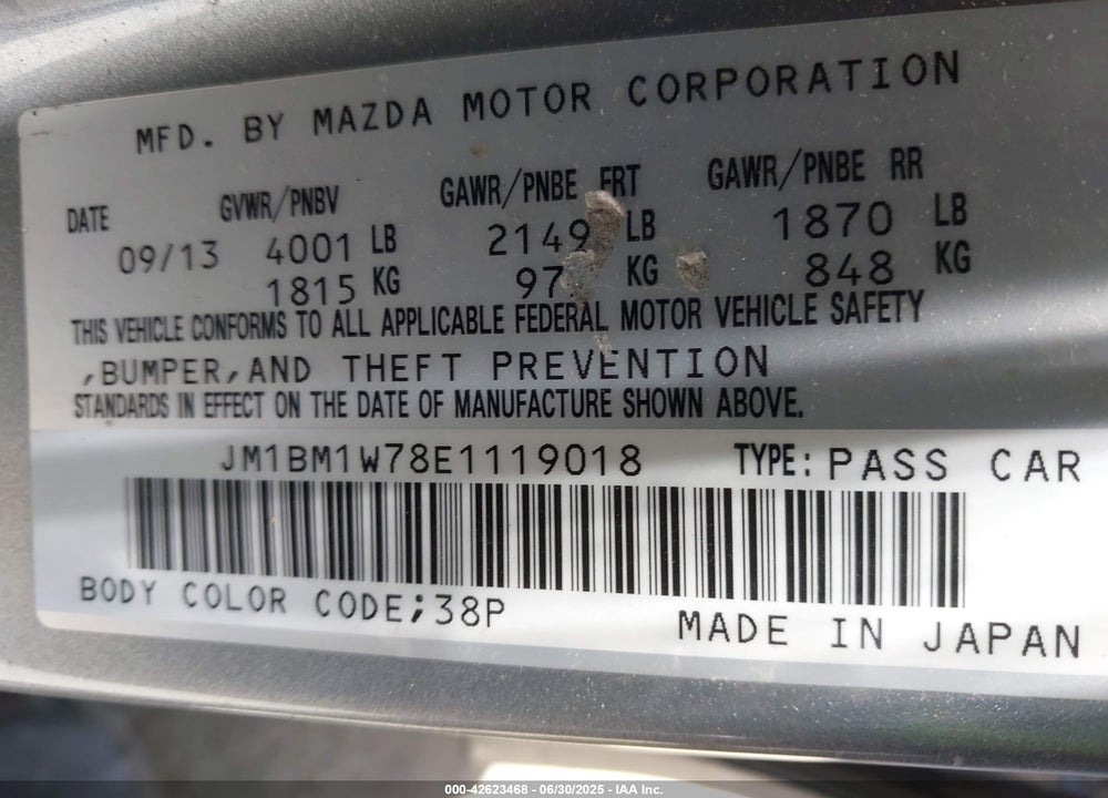 2014 MAZDA MAZDA3 VIN: JM1BM1W78E1119018