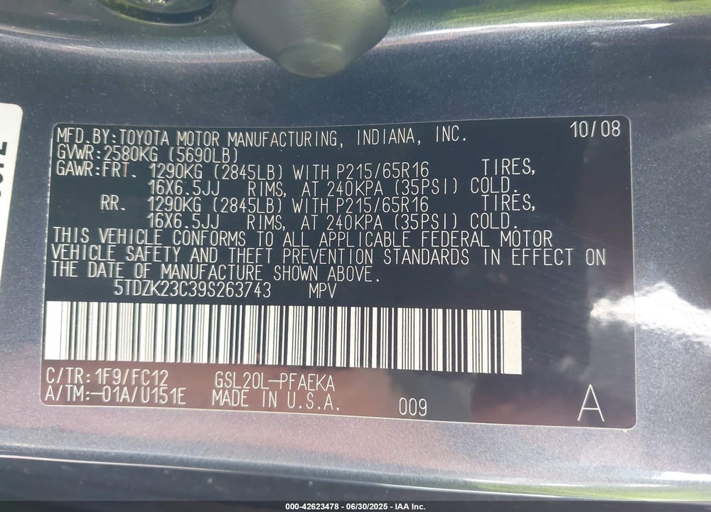 2009 TOYOTA SIENNA VIN: 5TDZK23C39S263743