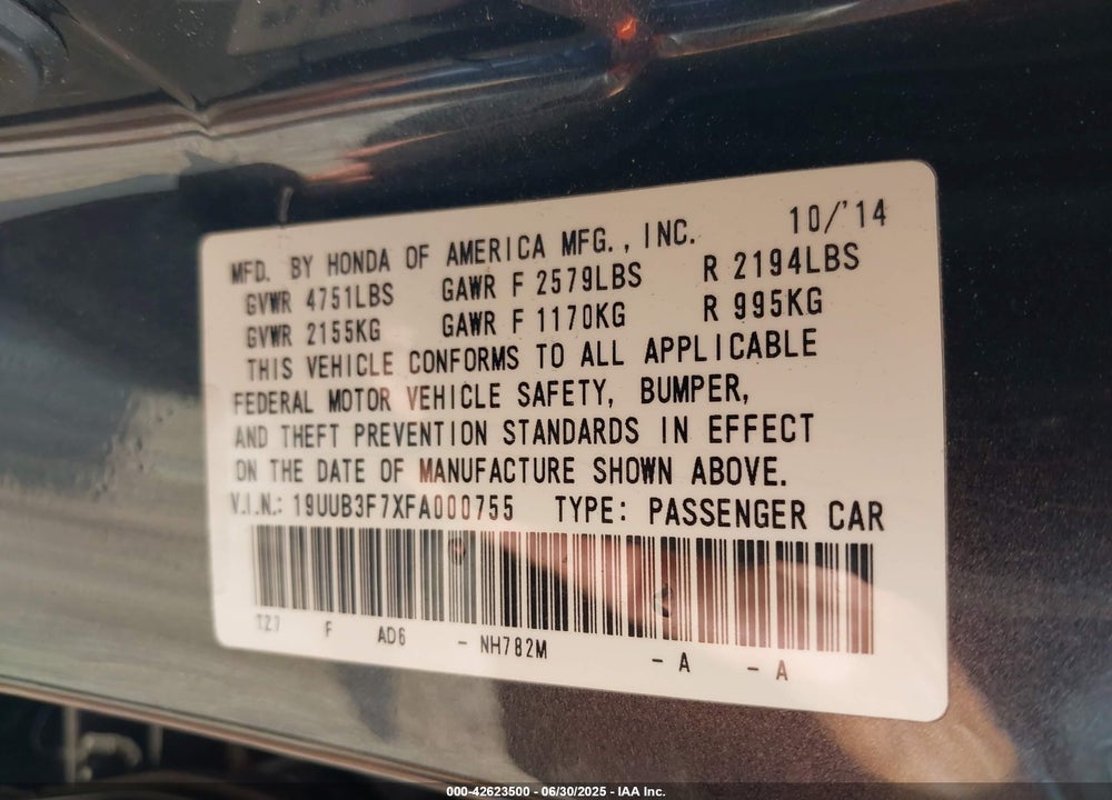 2015 ACURA TLX VIN: 19UUB3F7XFA000755
