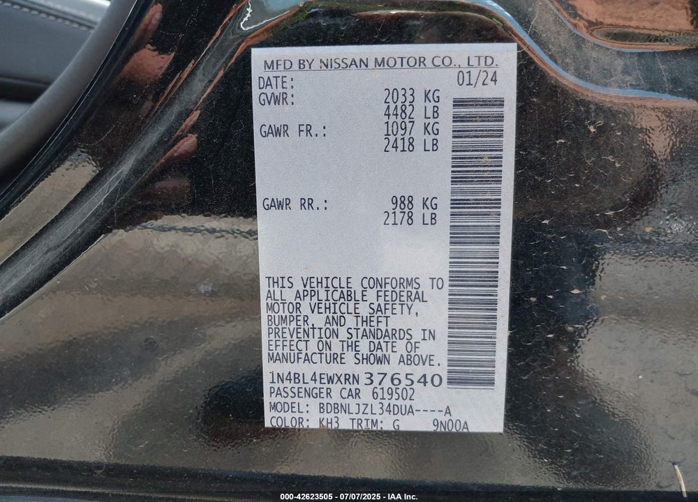 2024 NISSAN ALTIMA SL INTELLIGENT AWD VIN: 1N4BL4EWXRN376540
