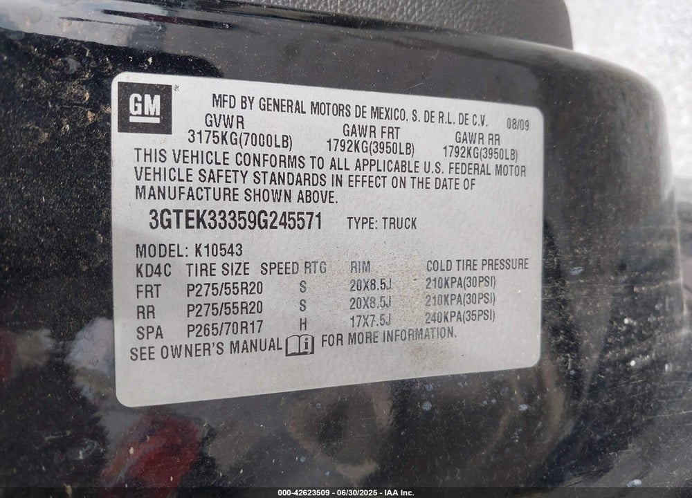 2009 GMC SIERRA 1500 VIN: 3GTEK33359G245571
