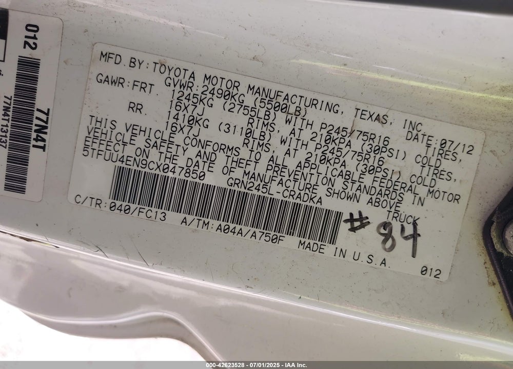 2012 TOYOTA TACOMA VIN: 5TFUU4EN9CX047850