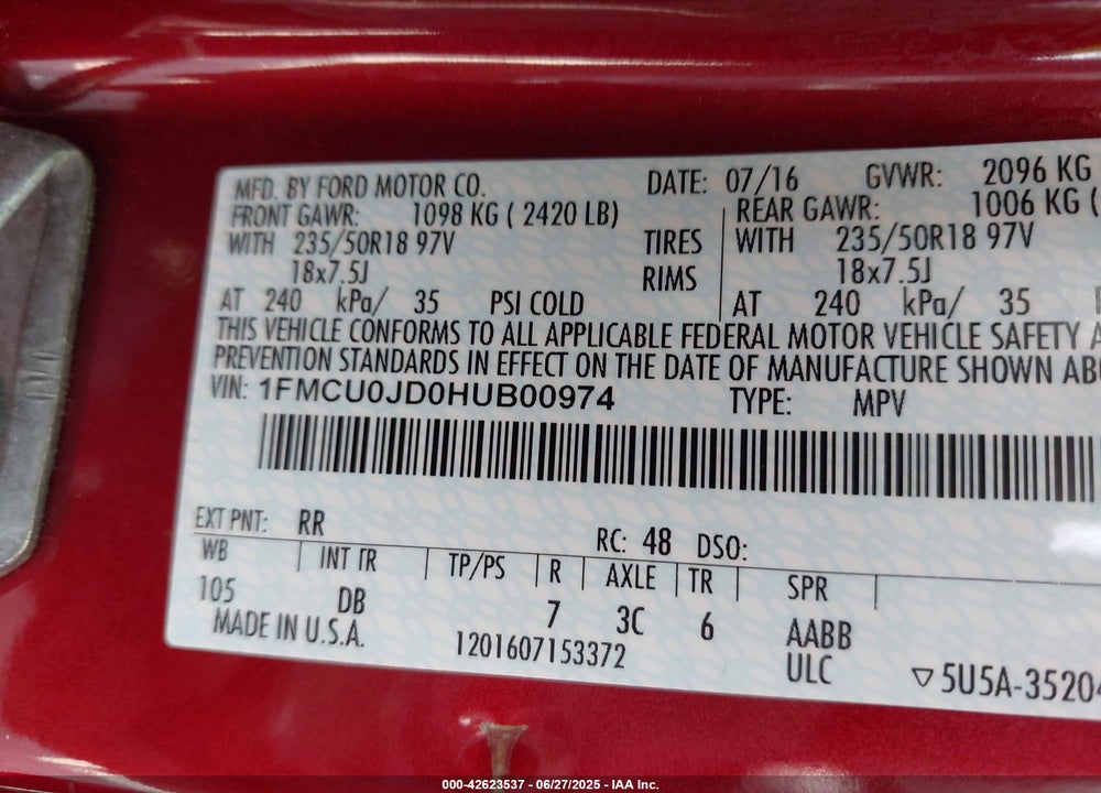 2017 FORD ESCAPE TITANIUM VIN: 1FMCU0JD0HUB00974
