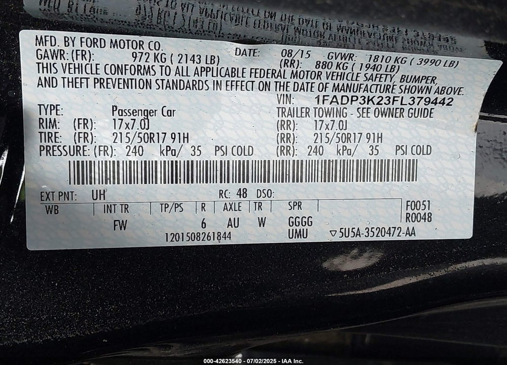 2015 FORD FOCUS SE VIN: 1FADP3K23FL379442