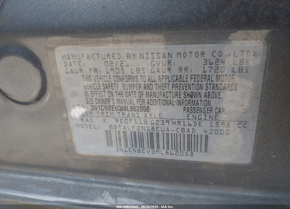2021 NISSAN VERSA VIN: 3N1CN8EV3ML862058