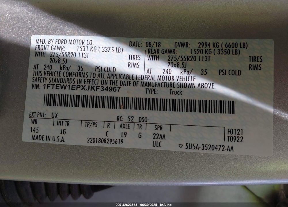 2018 FORD F-150 VIN: 1FTEW1EPXJKF34967