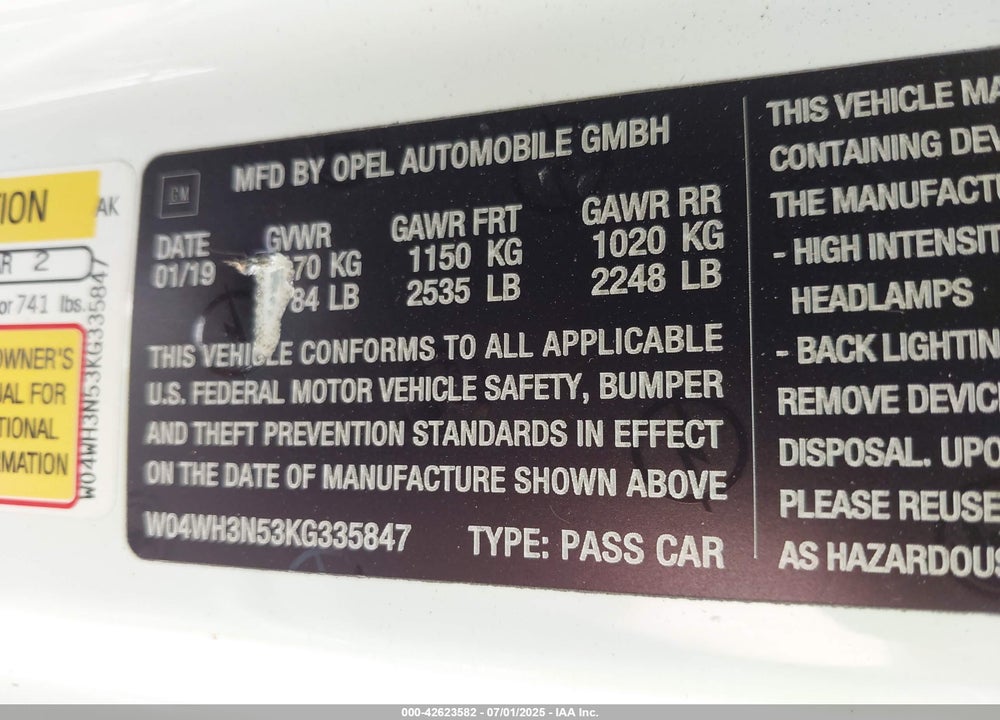 2019 BUICK CASCADA VIN: W04WH3N53KG335847