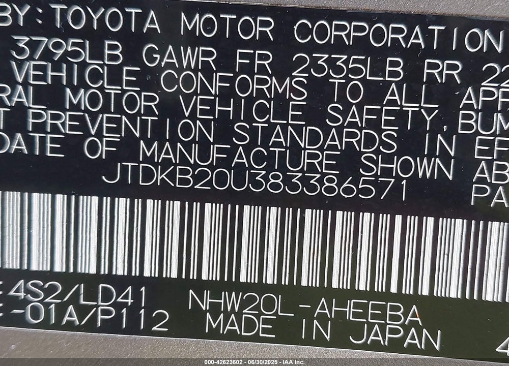 2008 TOYOTA PRIUS VIN: JTDKB20U383386571
