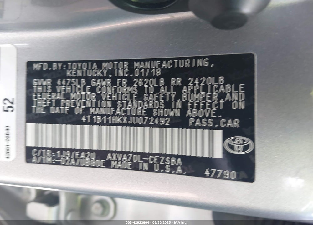 2018 TOYOTA CAMRY SE VIN: 4T1B11HKXJU072492
