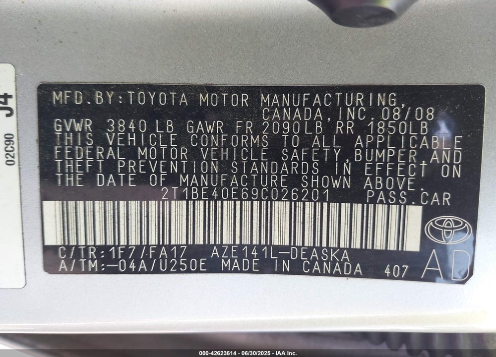 2009 TOYOTA COROLLA VIN: 2T1BE40E69C026201