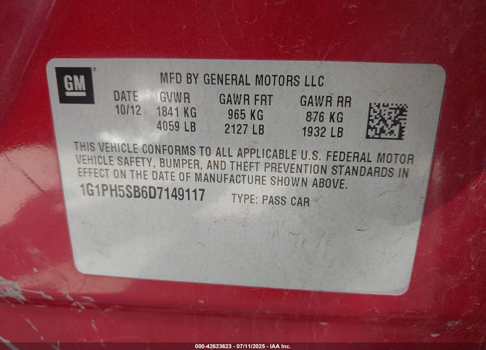 2013 CHEVROLET CRUZE VIN: 1G1PH5SB6D7149117