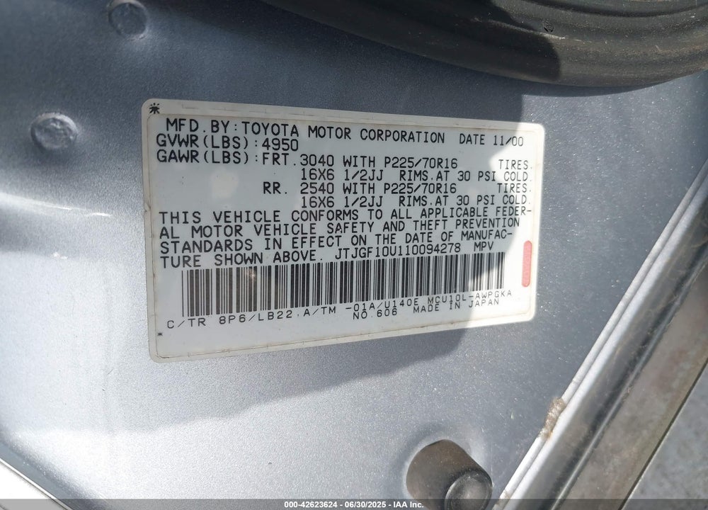 2001 LEXUS RX 300 VIN: JTJGF10U110094278