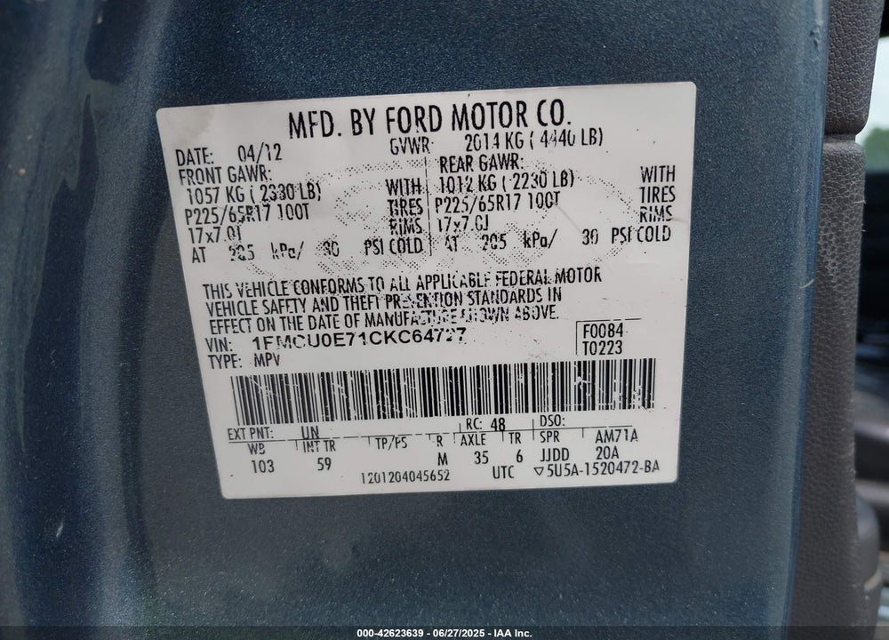 2012 FORD ESCAPE LIMITED VIN: 1FMCU0E71CKC64727