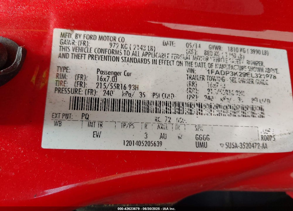 2014 FORD FOCUS VIN: 1FADP3K29EL321978