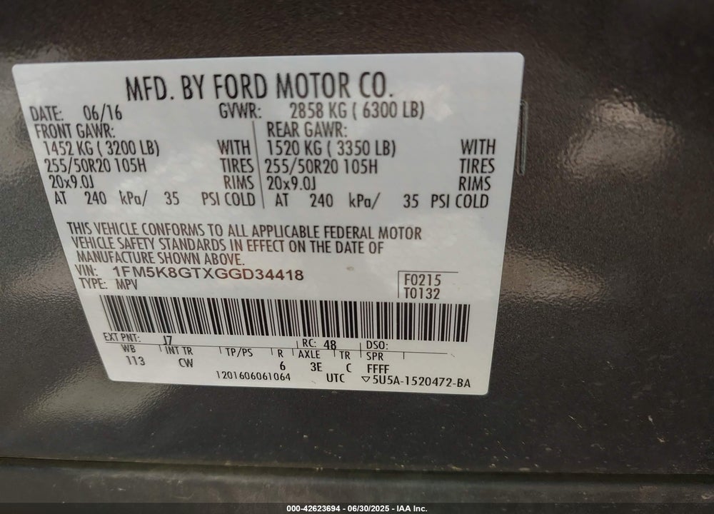 2016 FORD EXPLORER SPORT VIN: 1FM5K8GTXGGD34418