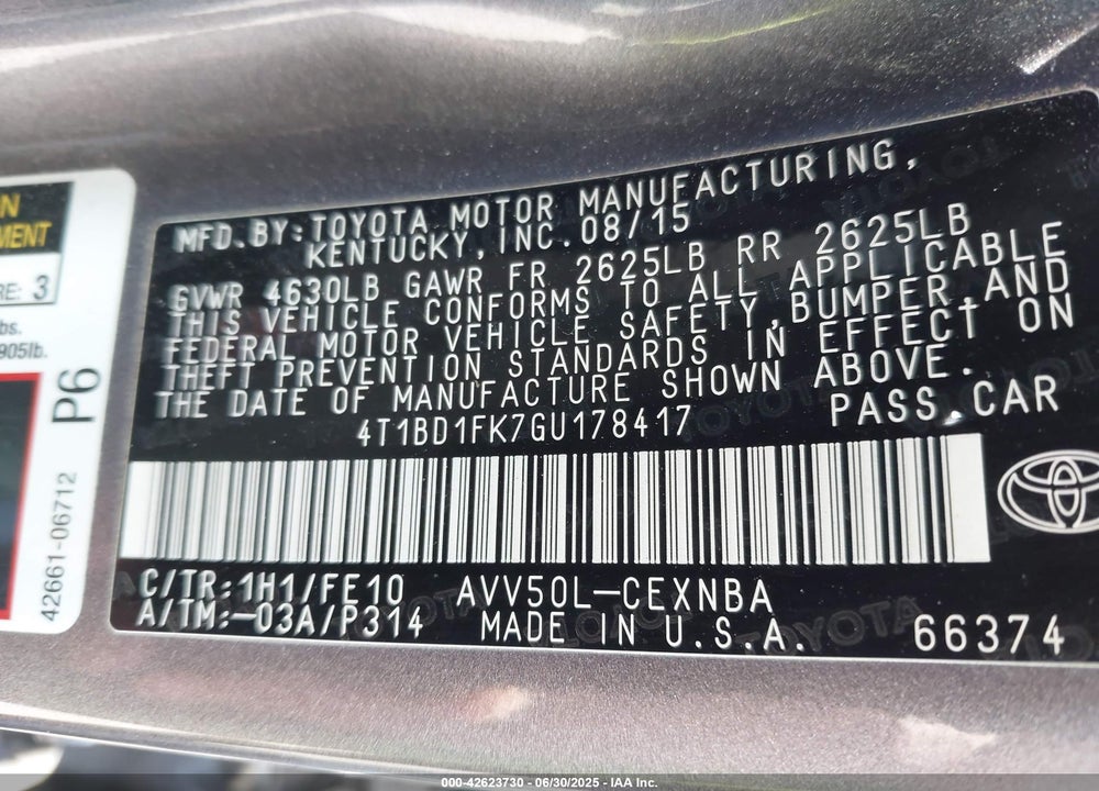 2016 TOYOTA CAMRY HYBRID VIN: 4T1BD1FK7GU178417