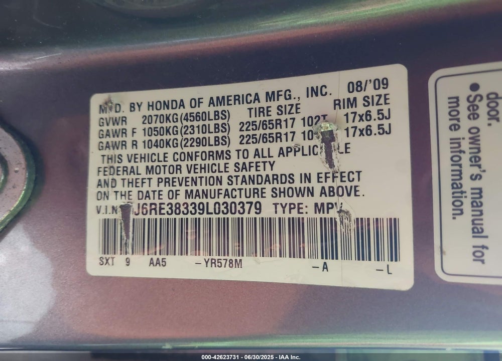 2009 HONDA CR-V VIN: 5J6RE38339L030379