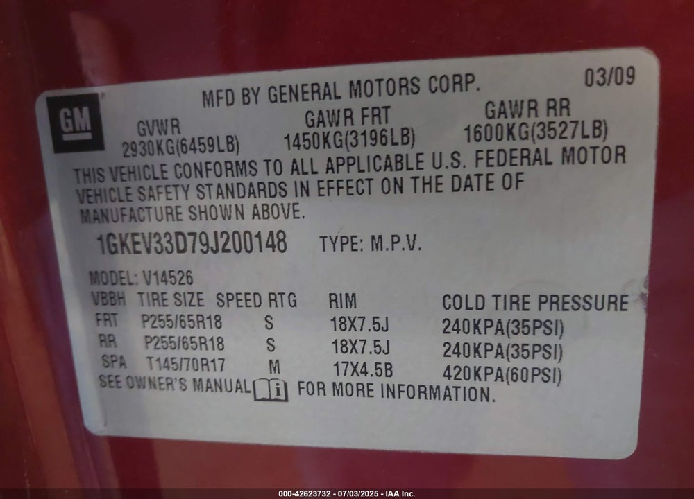 2009 GMC ACADIA VIN: 1GKEV33D79J200148