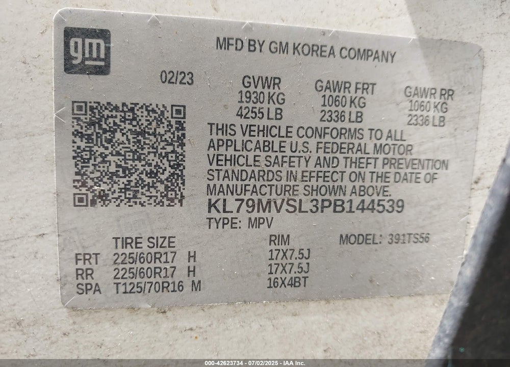 2023 CHEVROLET TRAILBLAZER FWD ACTIV VIN: KL79MVSL3PB144539