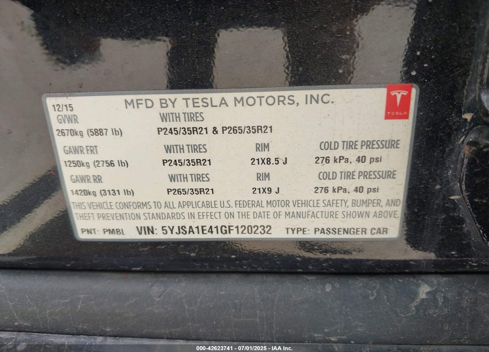 2016 TESLA MODEL S VIN: 5YJSA1E41GF120232