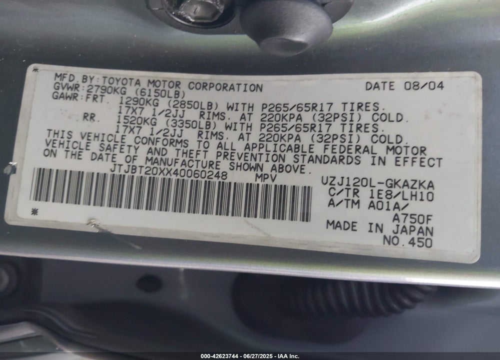 2004 LEXUS GX 470 VIN: JTJBT20XX40060248