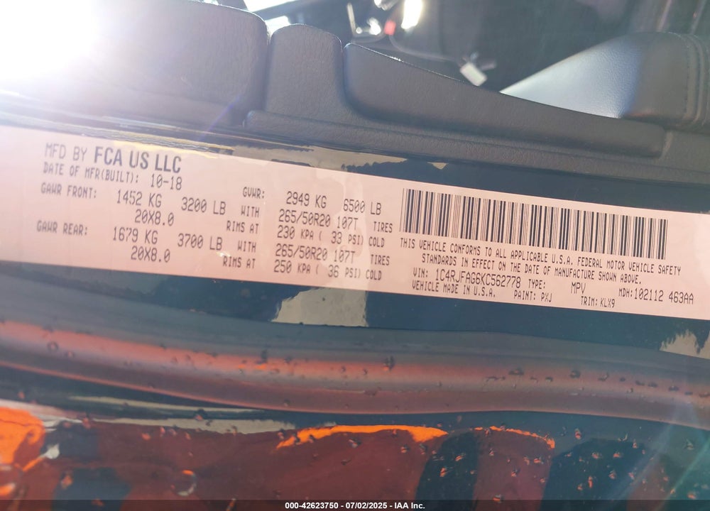 2019 JEEP GRAND CHEROKEE VIN: 1C4RJFAG6KC562778