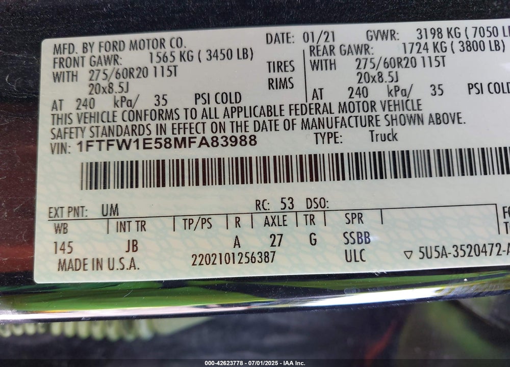 2021 FORD F-150 VIN: 1FTFW1E58MFA83988