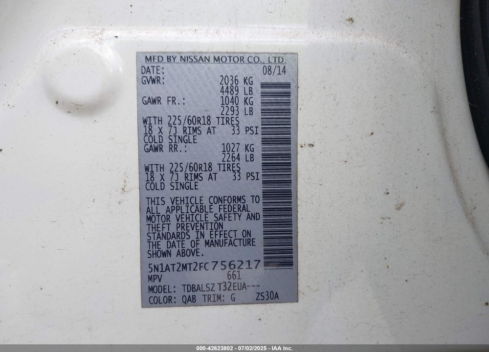 2015 NISSAN ROGUE VIN: 5N1AT2MT2FC756217