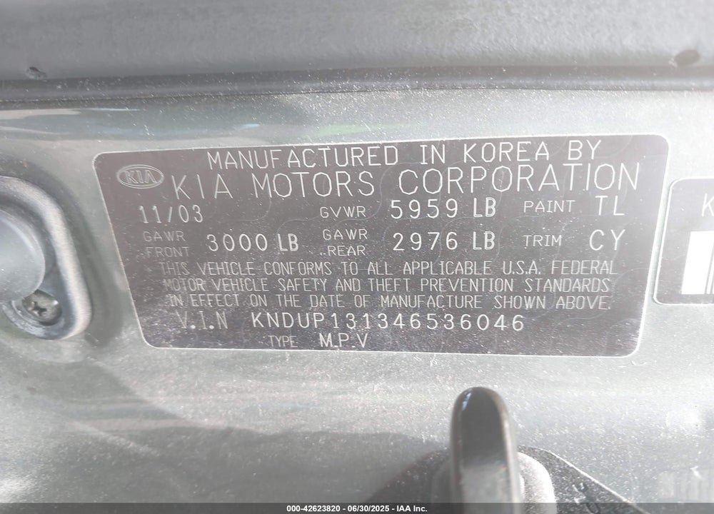 2004 KIA SEDONA EX/LX VIN: KNDUP131346536046
