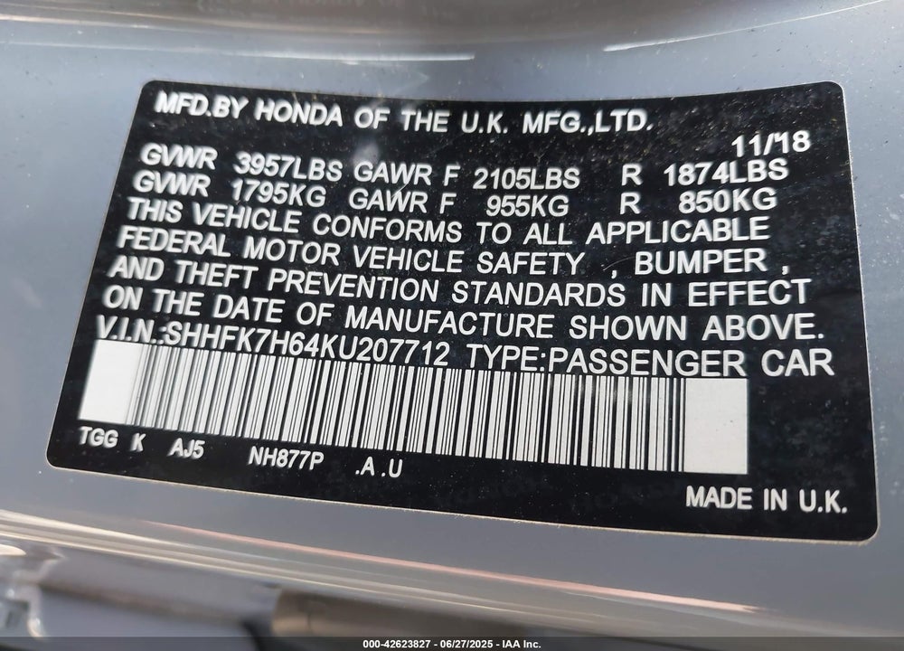2019 HONDA CIVIC VIN: SHHFK7H64KU207712