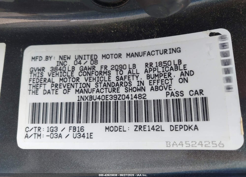 2009 TOYOTA COROLLA VIN: 1NXBU40E39Z041482