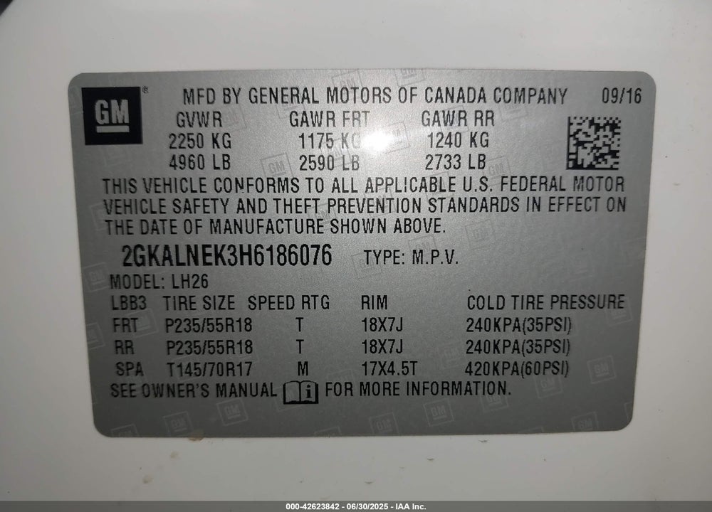 2017 GMC TERRAIN VIN: 2GKALNEK3H6186076