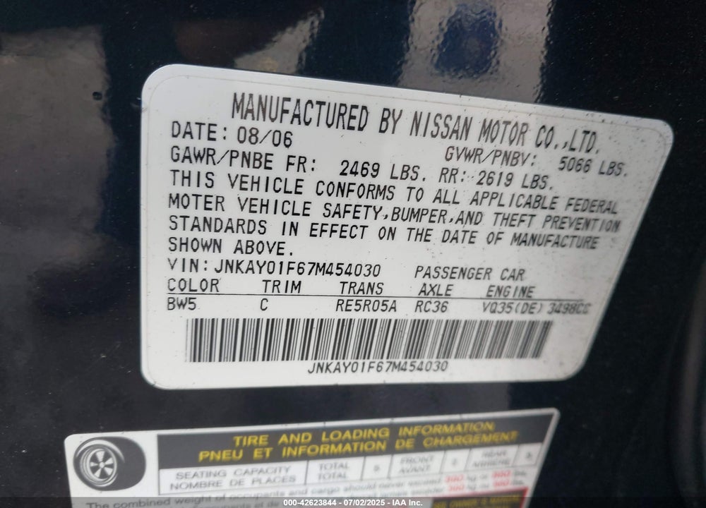2007 INFINITI M35 VIN: JNKAY01F67M454030