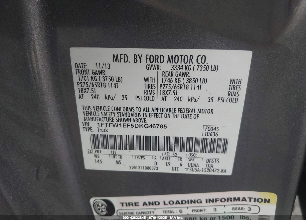 2013 FORD F-150 VIN: 1FTFW1EF5DKG46785